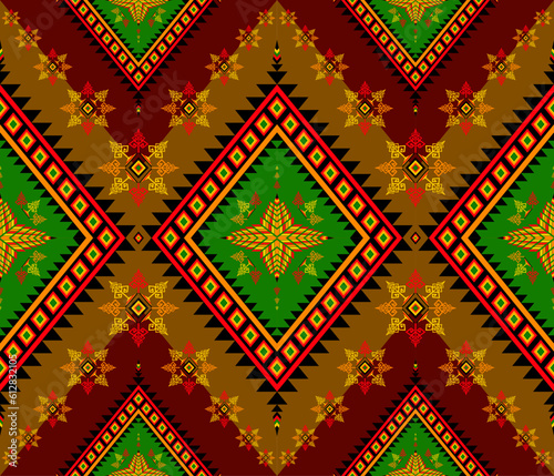 Embroidery indian aztec fabric pattern in red, green and brown vector illustration design for fabric, mat, carpet, scarf, wrapping paper, tile and more