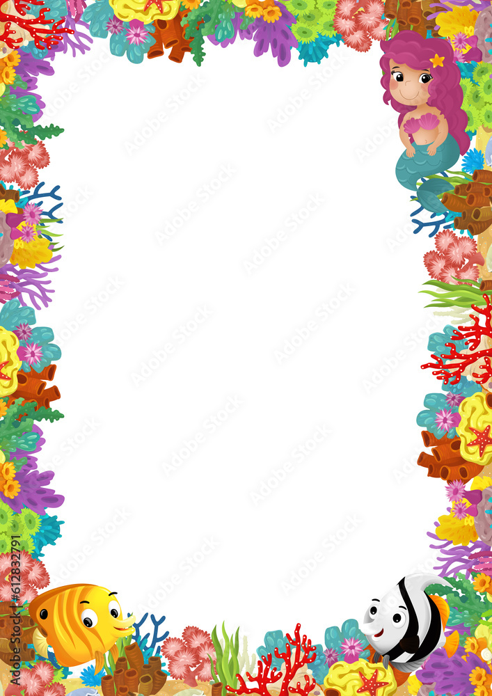 cartoon scene with coral reef and happy fishes swimming near mermaid princess isolated illustration for children