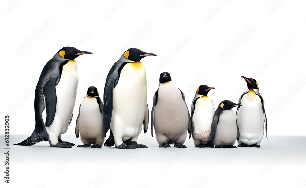 Fototapeta premium Group of Emperor Penguins on a white background. Generative AI.