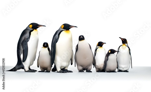 Group of Emperor Penguins on a white background. Generative AI.