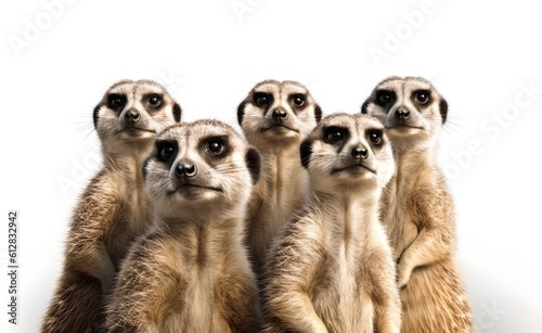 Cheerful group of suricate on a white background. Generative AI. © Curioso.Photography