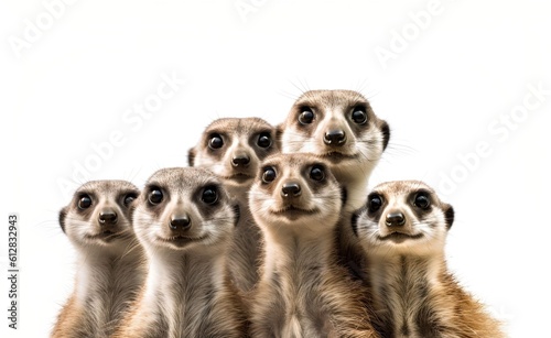 Cheerful group of suricate on a white background. Generative AI.