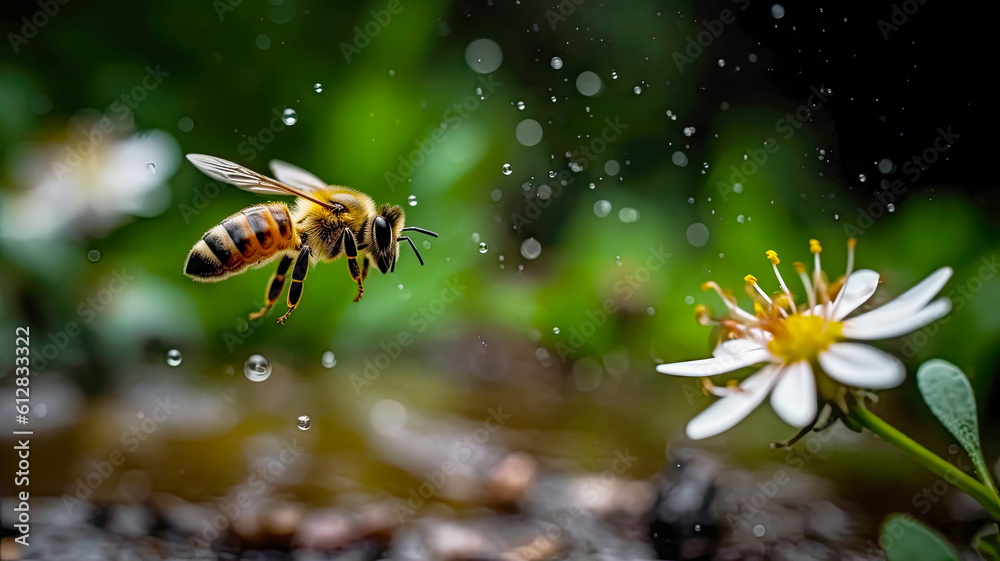 Honey bee flying towards a flower through raindrops, close-up insect macro idea AI generated Honey bee flying towards a flower through raindrops, close-up insect macro idea AI generated