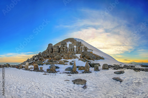 Adıyaman, Mount Nemrut, west terrace and god statues under the snow