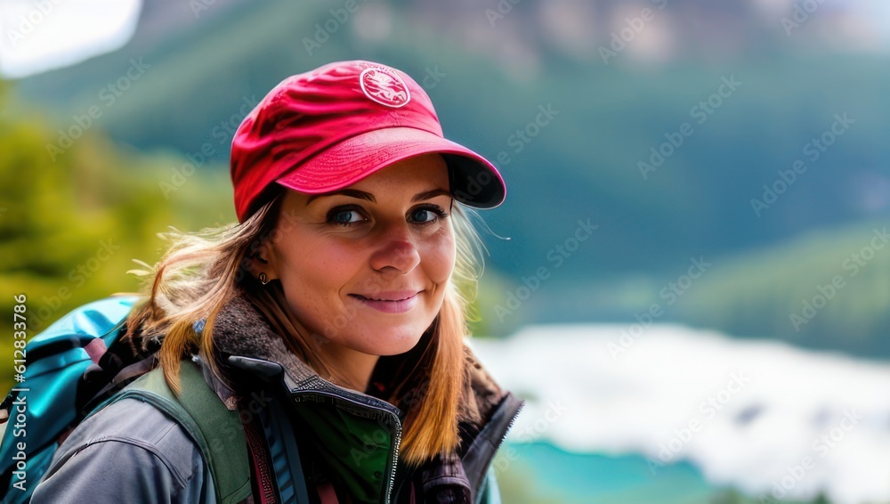 Portrait of smiling woman tourist in cap with rucksack stands against of mountains. Generative AI Portrait of smiling woman tourist in cap with rucksack stands against of mountains. Generative AI