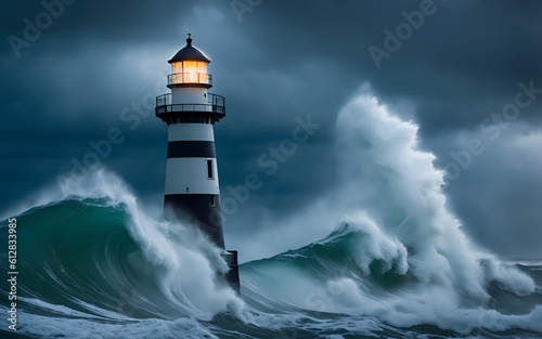 Lighthouse in a storm with brutal waves an thunder | Digital art