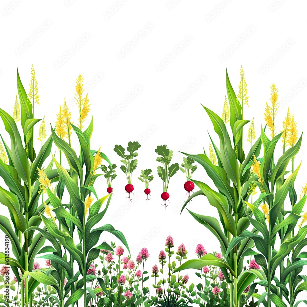 AIgenerated illustration of cover crops Corn plus clover and radishes