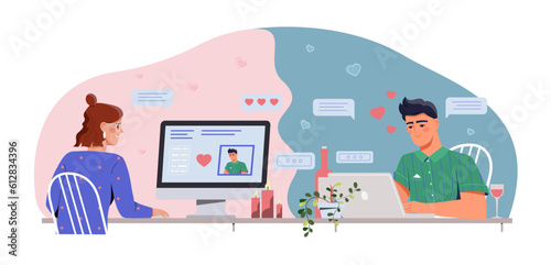 People dating online concept. Man and woman at computer and laptop communicate in social networks and messengers. Romantic dialogue and chat, discussion. Cartoon flat vector illustration © Rudzhan