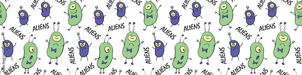 Fototapeta premium Seamless pattern with funny Aliens, inscriptions in doodle flat style. Humanoids, Martians, insects. Vector cute background, texture on theme of space, UFO, fantastic, kids design