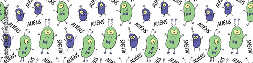 Seamless pattern with funny Aliens, inscriptions in doodle flat style. Humanoids, Martians, insects. Vector cute background, texture on theme of space, UFO, fantastic, kids design