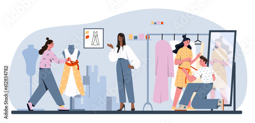 Team of fashion designers concept. Man and woman with dresses and stylish and fashionable clothes. Atelier and tailor, seamstress. Clothing market. Cartoon flat vector illustration