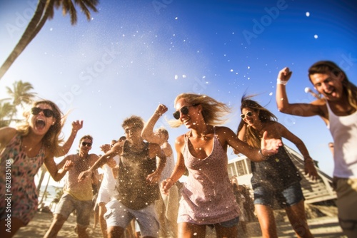 Beach club party, with people dancing and enjoying the music under the warm sun. Generative AI