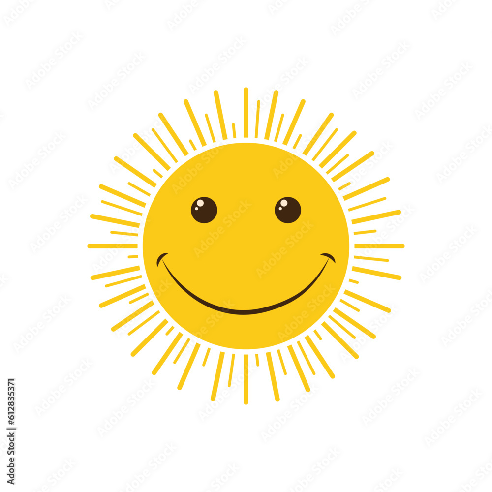 The sun. Vector positive illustration of a yellow smiling sun with joyful emotions, with beautiful rays. Happy sun. Icon. Cartoon children s vector image isolated on a white background.