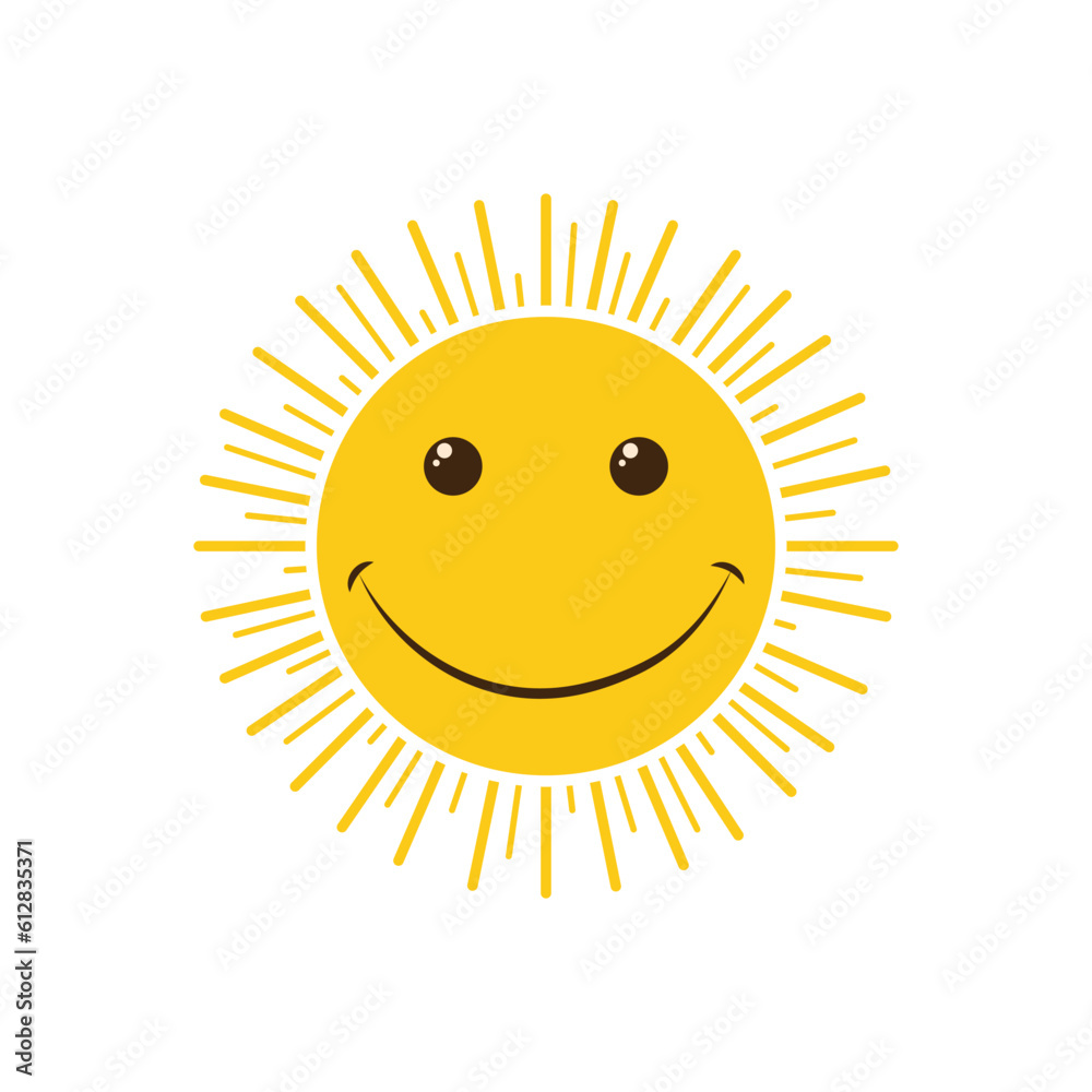 The sun. Vector positive illustration of a yellow smiling sun with joyful emotions, with beautiful rays. Happy sun. Icon. Cartoon children s vector image isolated on a white background. The sun. Vector positive illustration of a yellow smiling sun with joyful emotions, with beautiful rays. Happy sun. Icon. Cartoon children s vector image isolated on a white background.