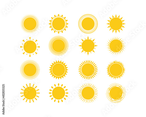 The set of the sun. Vector illustration of the yellow sun in different ways, with different rays. Icon. Cartoon children s vector image.
