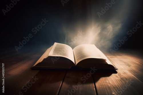 Open Bible with a light coming from above on a wooden desk Image ai generate