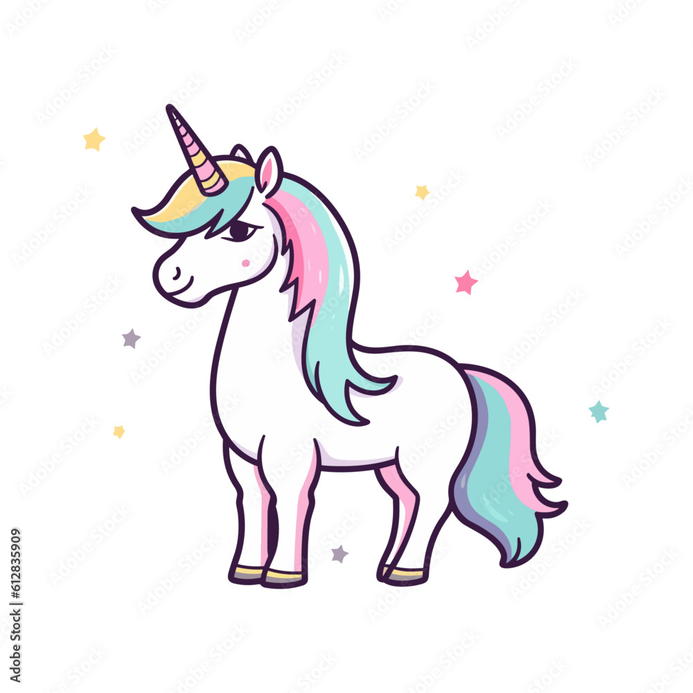 Naklejka premium Vector trendy fairy cute cartoon beautiful unicorn with stars character sticker isolated on white background. Design for child card, t-shirt, pattern, print etc