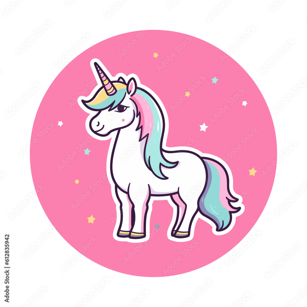 Vector trendy fairy cute cartoon beautiful unicorn with stars character sticker isolated on white background. Design for child card, t-shirt, pattern, print etc