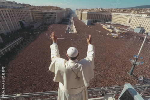 Photo of pope with his back turned to the camera greeting people Image ai generate photo