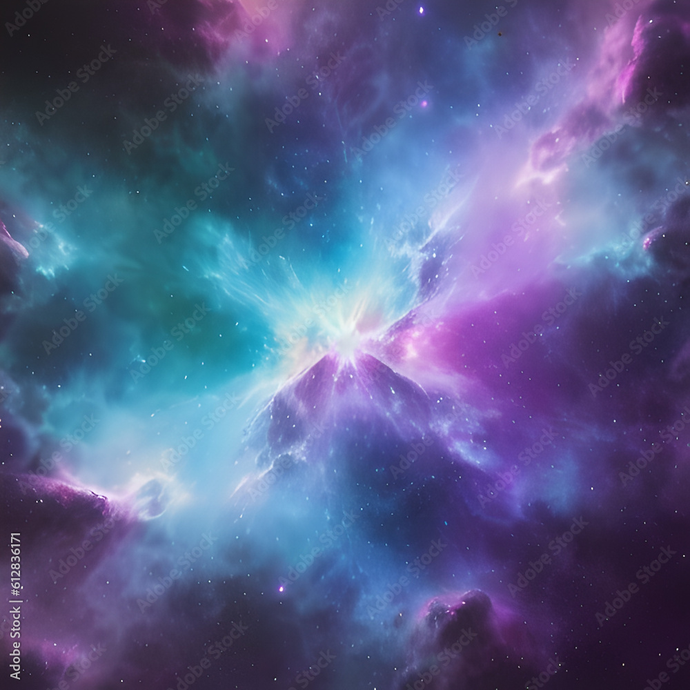 Abstract space illustration, stars and clouds in vibrant purple and blue colors, Generative AI