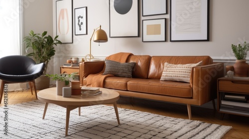 Mid-Century Modern Living Room with Tan Leather Sofa, Geometric Rug and Vintage Art Prints. Generative AI © piai
