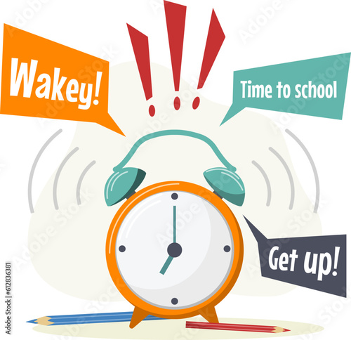 Vector illustration of an alarm clock with words. Suitable for posters, banners. School design, sticker design, web elements.