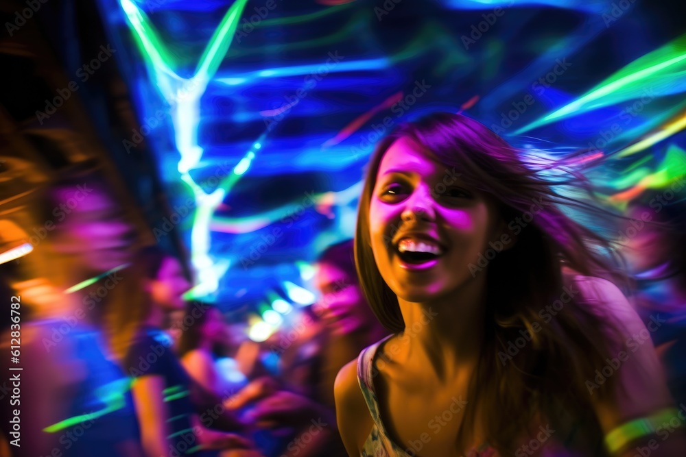 The vibrant energy of a crowded nightclub with colorful lights and pulsating music. Motion blur, highlighting the dynamic dance moves of the beautiful girls and guys. Generative AI