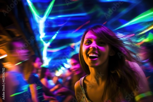 The vibrant energy of a crowded nightclub with colorful lights and pulsating music. Motion blur, highlighting the dynamic dance moves of the beautiful girls and guys. Generative AI