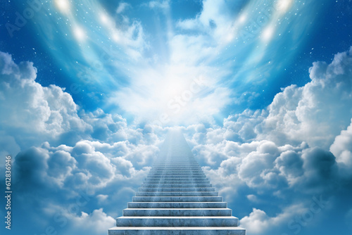 Murais de parede Stairway Leading Up To Heavenly Sky Toward The Light Image ai generate