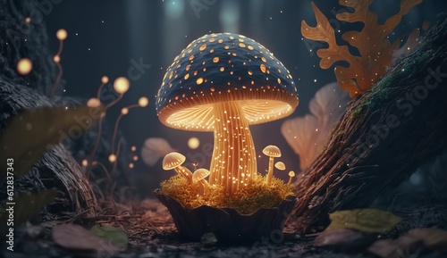 Magical mashroom in fantasy enchanted fairy tale forest with lots of brighness and lighting.Generative AI.