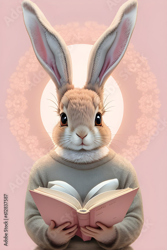 A cute hare with big round eyes reads a book, late reading at night. Favorite fairy tales, generative ai  © Alena Vilgelm