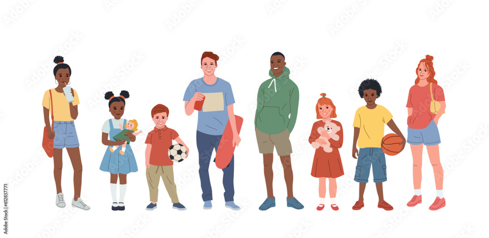 Group of different kids and teenagers. Vector flat cartoon illustration Group of different kids and teenagers. Vector flat cartoon illustration