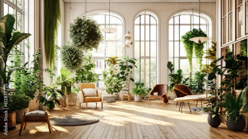 modern apartment interior in light colors, natural materials, eco concept, cozy with many house plants,copy space, mockup