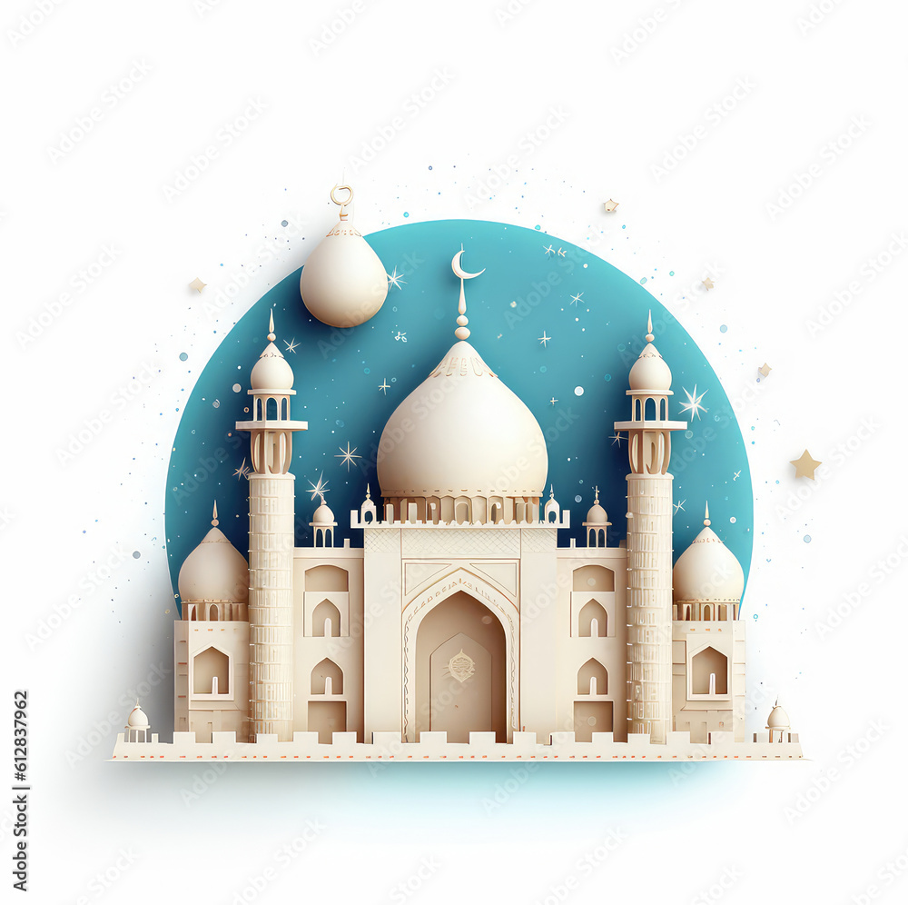 Happy Eid Al Adha, with background of a mosque, moon, stars