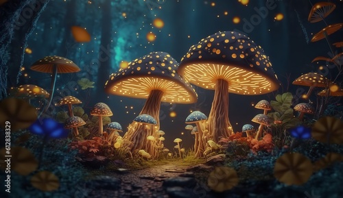 Magical mashroom in fantasy enchanted fairy tale forest with lots of brighness and lighting.Generative AI.