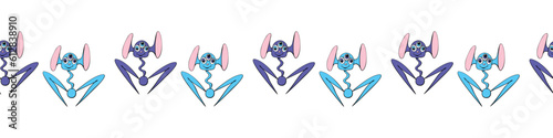 Edging, ribbon, border of funny three-eyed Aliens in doodle flat style. Humanoids, visitors, Martians. Decorative element, decoration on theme of space, UFO, fantastic, kids design
