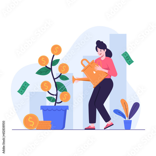 Woman watering a money tree growing in a pot