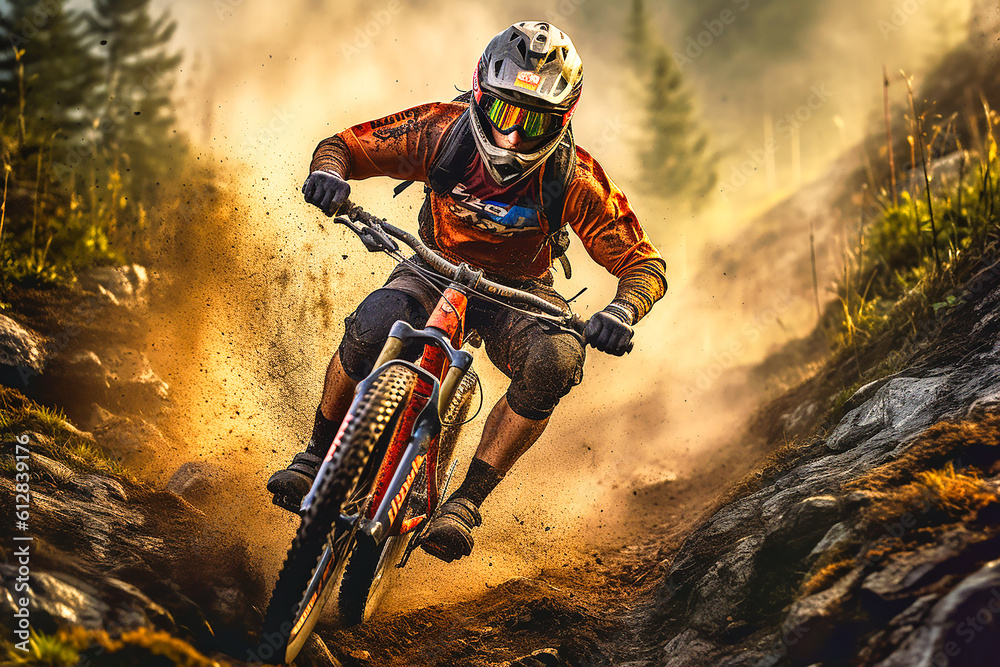 Naklejka premium Young athletic man in helmet and protective gear riding downhill on mountainbike. AI generativ.