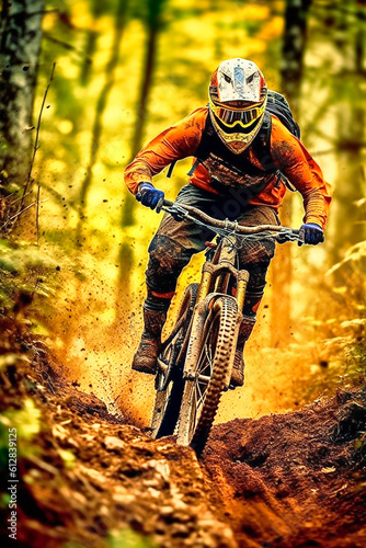 Young athletic man in helmet and protective gear riding downhill on mountainbike. AI generativ.