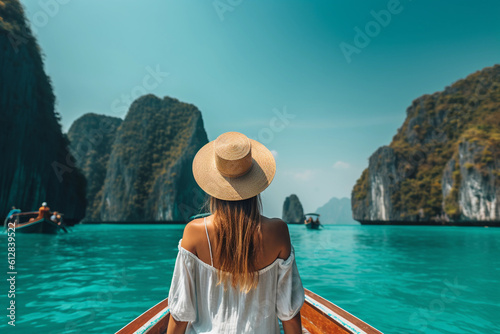 Murais de parede Happy tourist woman in white summer dress relaxing on boat at the beautiful Phi Phi islands with teal waters and clear skies