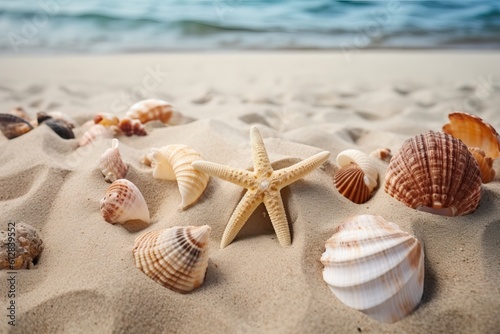 Photo starfish with seashells in sand. Generative AI © Creative Clicks