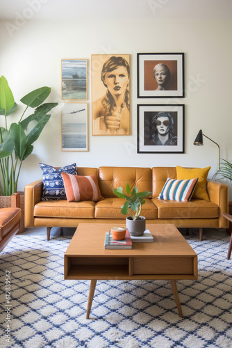Mid-Century Modern Living Room with Tan Leather Sofa, Geometric Rug and Vintage Art Prints. Generative AI