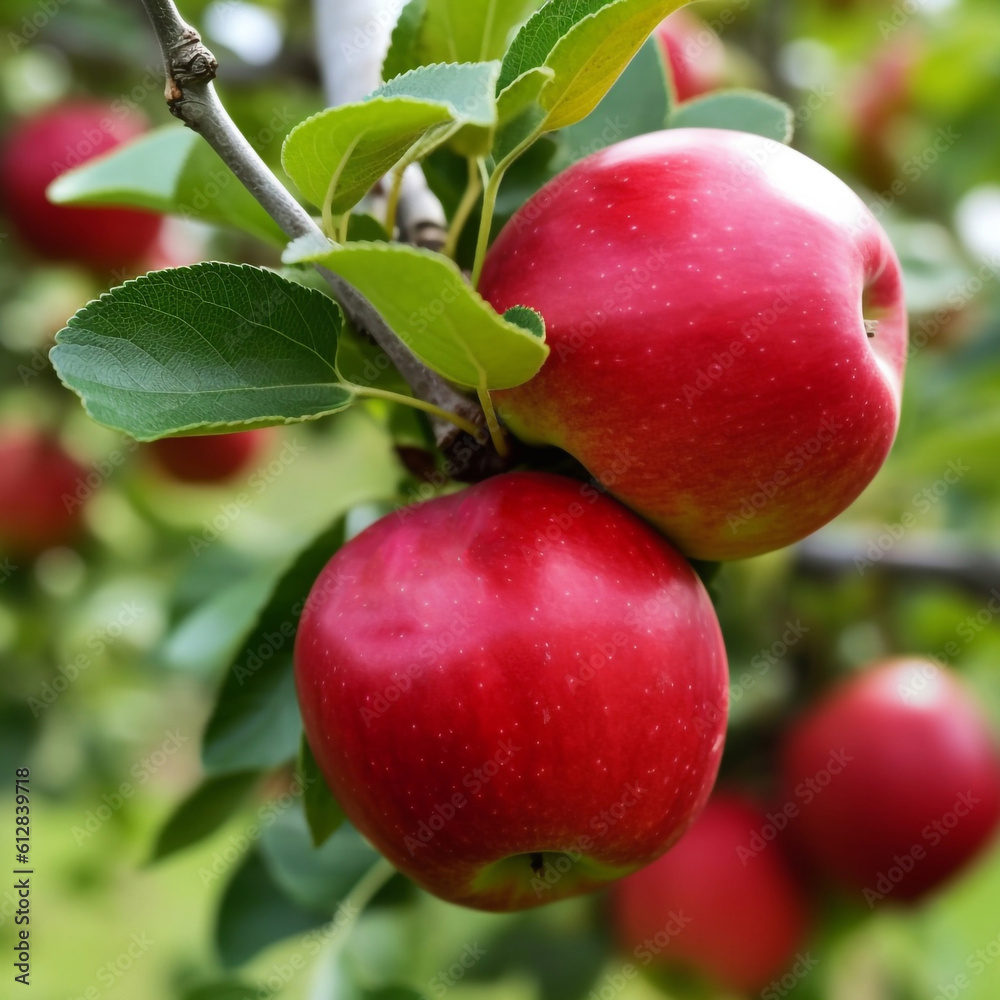 Ripe red apples in the garden on a tree close up. Apple harvest. Generative AI Ripe red apples in the garden on a tree close up. Apple harvest. Generative AI