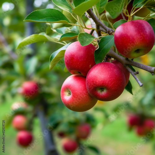 Ripe apples on tree, close up. Generative AI