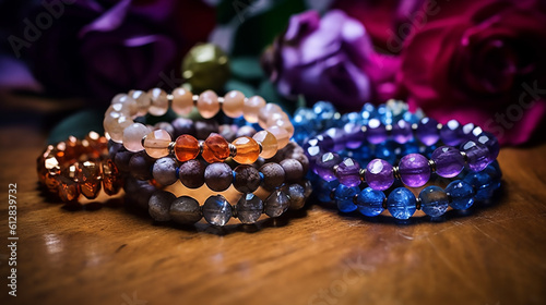 crystal beads bracelets gems stones manifesting energy. Generative AI photo