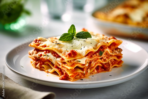 Tasty lasagne with tomato sauce. AI generativ.
