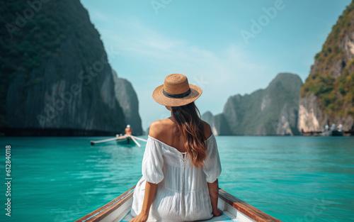 Happy tourist woman in white summer dress relaxing on boat at the beautiful Phi Phi islands with teal waters and clear skies. Krabi, travel concept for Thailand. Generative AI © Creative Clicks