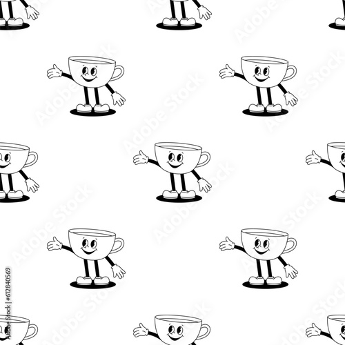 Vector seamless pattern with cartoon retro mascot illustration of a walking cup on a white background. Vintage style 30s, 40s, 50s old animation.