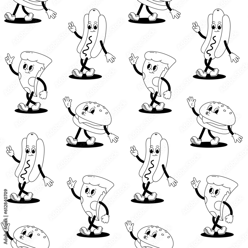 Vector Seamless Pattern With Cartoon Retro Mascots Illustrations Of vector-seamless-pattern-with-cartoon-retro-mascots-illustrations-of
