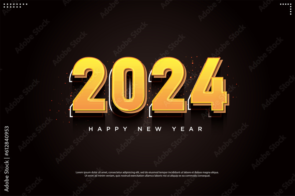 happy new year 2024 with 3d yellow numbers. Design number 2024.